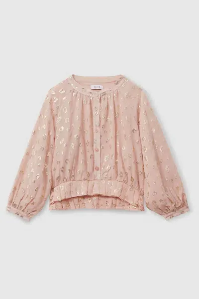 Reiss Pink Teen Metallic Print Puff Sleeve Ruffle Top