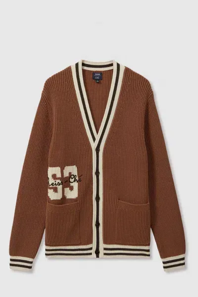 Reiss Tobacco Brown Push Ché Embroidered Varsity Cardigan