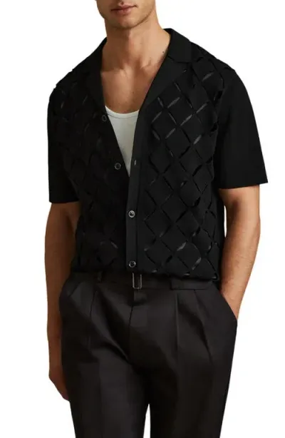 Reiss Quinn Geo Pattern Knit Camp Shirt In Black