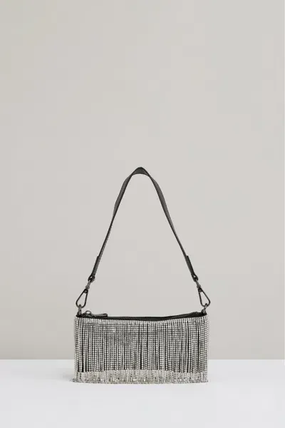 Reiss Silver Francesca Satin Crystal Fringe Mini Shoulder Bag