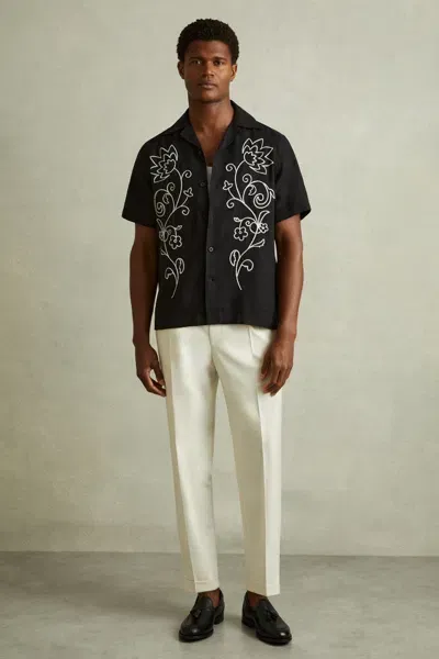 Reiss Black/white Sonny Linen Embroidered Cuban Collar Shirt