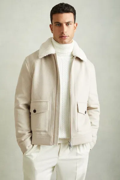 Reiss Stone Melange Andrew Wool Blend And Faux Shearling Jacket