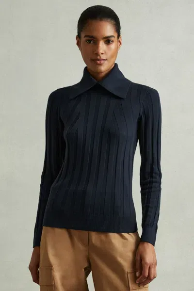 Reiss Teal Ribbed Collared Jumper