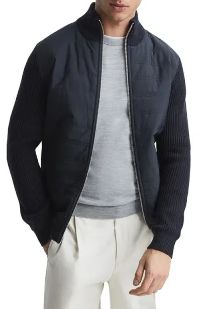 Reiss Trainer Quilted & Ribbed Hybrid Jacket In Navy