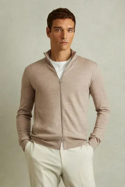 Reiss Wheat Melange Merino Wool Zip-through Funnel-neck Cardigan