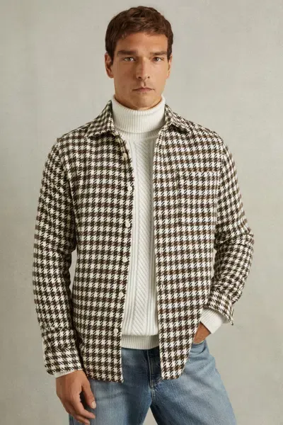 Reiss White/brown Zonda Dogtooth Overshirt With Wool