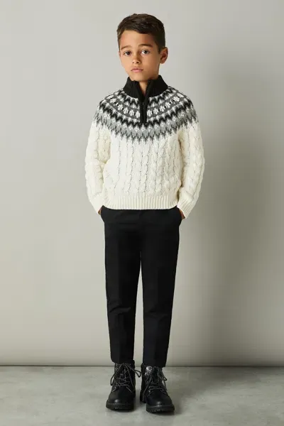 Reiss White/grey/black Colorado 3-9 Yrs Fair-isle Cabled Jumper With Cotton And Wool