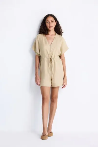 Reistor V Neck Drawstring Romper In Beige