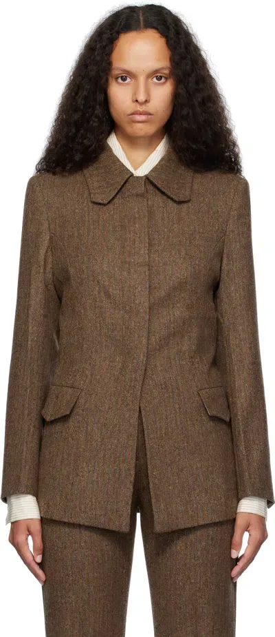 Remain Birger Christensen Brown Fitted Herringbone Blazer In 977 Carafe Comb.