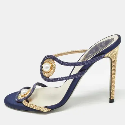 Pre-owned René Caovilla Blue/gold Satin Crystals Embellished Slide Sandals Size 36 In Navy Blue