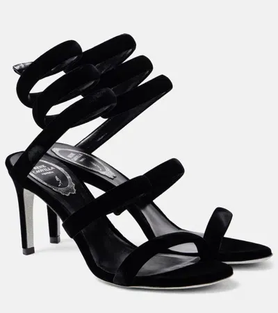 René Caovilla Cleo 80 Velvet Sandals In Black