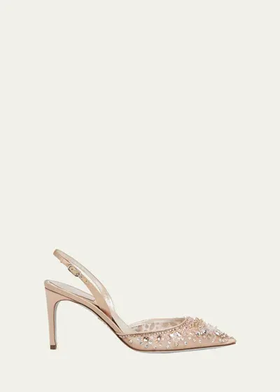 René Caovilla Crystal Embroidered Silk Slingback Pumps In Beige Net Golden