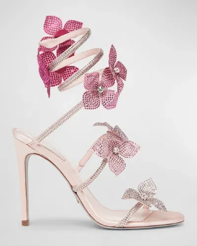 René Caovilla Floraine Crystal Flowers Ankle-wrap Sandals In Pink Fuxia