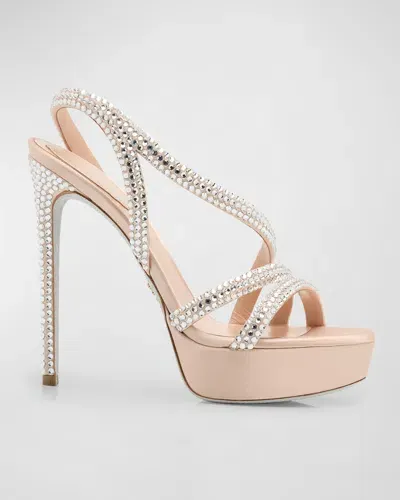 René Caovilla Irina Crystal Satin Platform Sandals In Nude