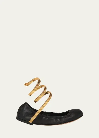 René Caovilla Leather Snake-wrap Ballerina Flats In Black Lamb Silver