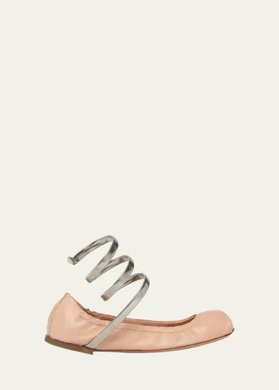 René Caovilla Leather Strass Snake-wrap Ballerina Flats In Skin Lamb Silver Metal Snake