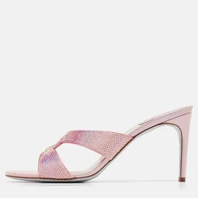 Pre-owned René Caovilla Pink Crystal Embellished Satin Slide Sandals Size 40