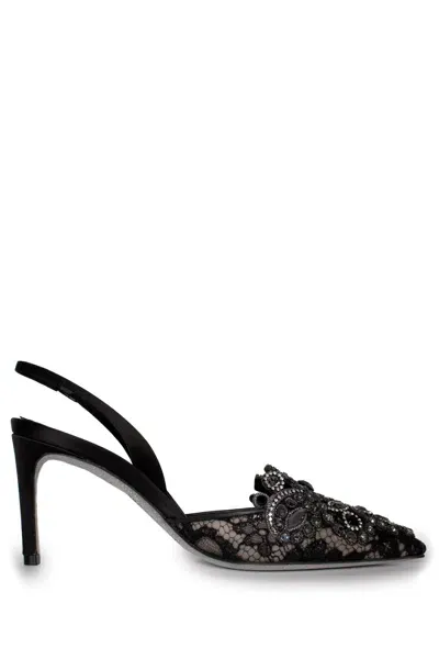 René Caovilla Veneziana Lace Slingbacks In Black