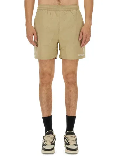 Represent Logo-embroidered Bermuda Shorts In Beige