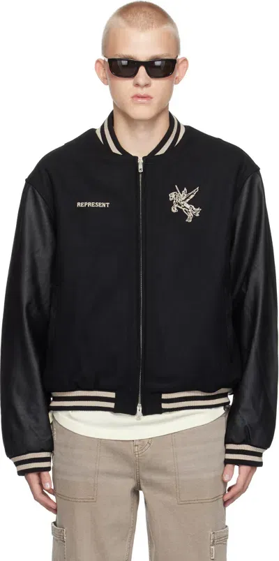 Represent Black Mascot Wool Varsity Bomber Jacket