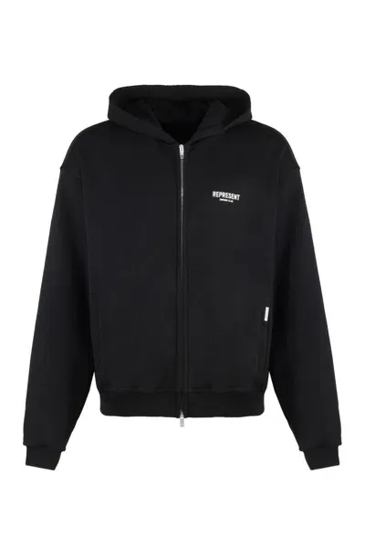 Represent Full Zip Cotton Hoodie In Black