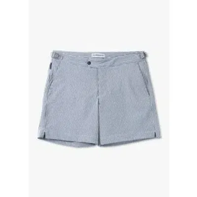 Resort Co Mens Tailored Seersucker Swim Shorts In Navy Stripe In Navy Fabric