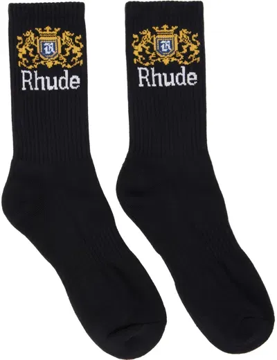 Rhude Black Crest Logo Socks In 1171 Black/white/yellow