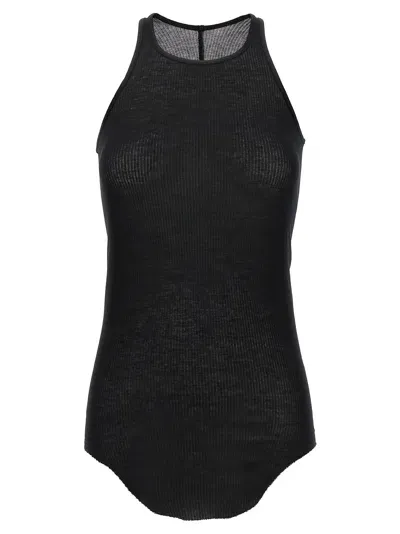 Rick Owens Black Ribbed Tank Top With Curved Hem In Viscose And Silk Blend Woman