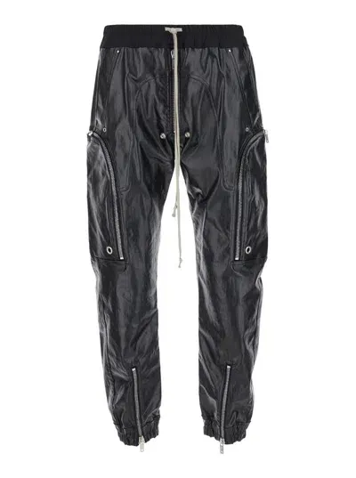 Rick Owens 'bauhaus' Black Cargo Pants With Oversized Drawstring In Shiny Denim Man