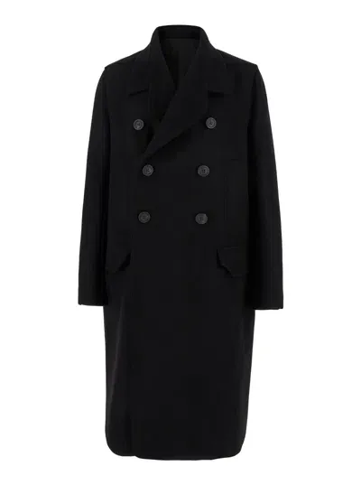 Rick Owens Black Double-breasted Coat With Wide Revers In Wool Man