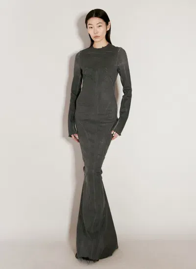 Rick Owens Coated Denim Maxi Dress In Grey