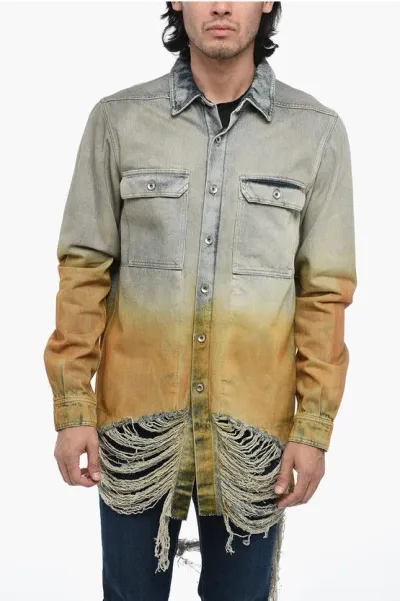 Rick Owens Distressed Denim Overshirt With Fringed Hem In Gray