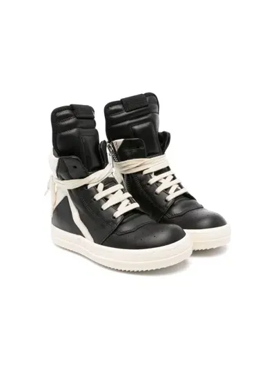 Rick Owens Kids' Geobasket Leather High-top Sneakers In Black