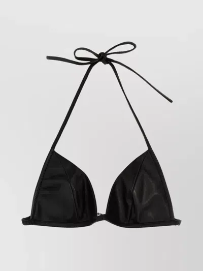 Rick Owens Leather Halter Neck Bra With Ruffle Trim In Black