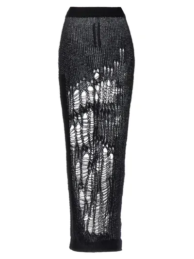 Rick Owens Spider Ziggy Distressed Knitted Maxi Skirt In 黑色的