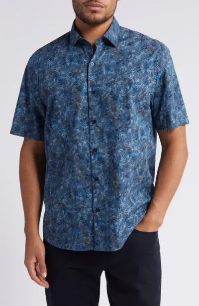 Robert Barakett Astor Floral Short Sleeve Button-up Shirt In Blue