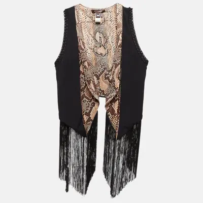 Pre-owned Roberto Cavalli Black Knit And Silk Tassels Detail Cardigan M