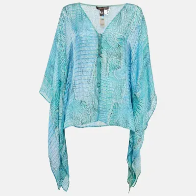 Pre-owned Roberto Cavalli Blue Snake Print Silk Lace-up Neck Kaftan Top M