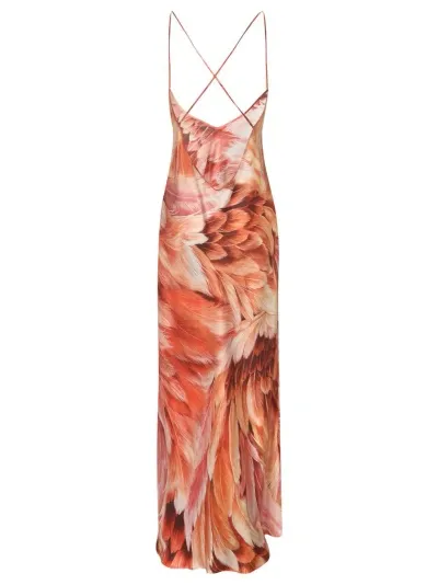 Roberto Cavalli Printed Silk Twill Long Dress In Orange