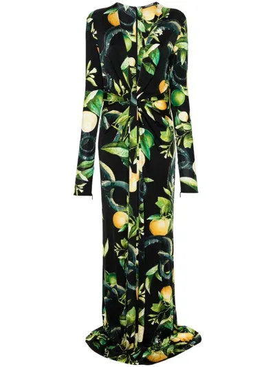 Roberto Cavalli Printed Viscose Jersey Draped Maxi Dress In Multi,black