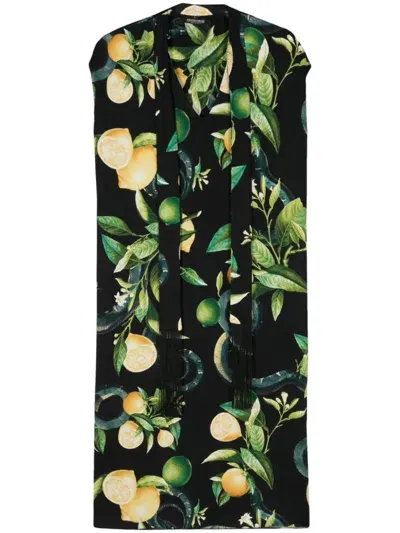 Roberto Cavalli Lemon-print Midi Dress In Black