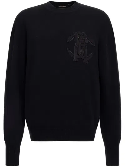 Roberto Cavalli Logo-embroidered Wool Sweatshirt In Black