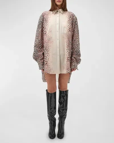 Roberto Cavalli Printed Button Down Short Shirt Dress In Naturale