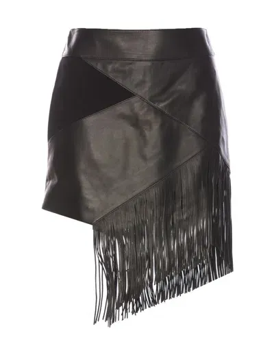 Roberto Cavalli Fringed Leather Mini Skirt In Negro