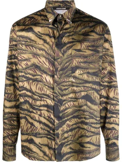 Roberto Cavalli Tiger-print Cotton Shirt In Green