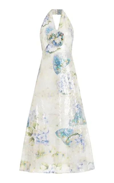 Rodarte Flower-detailed Sequined Floral Halter Dress In Multi