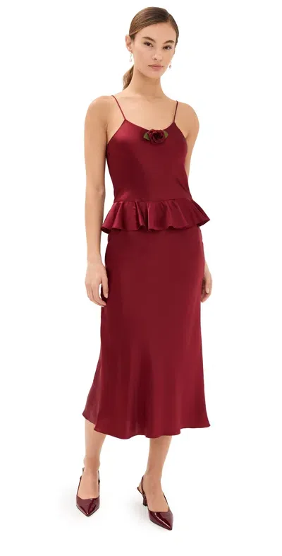 Rodarte Red Silk Satin Bias Slip Dress With Peplum And Silk Flower Pin Red