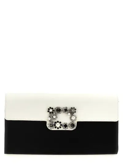 Roger Vivier Envelope Flap Flower Buckle Clutch In Cream