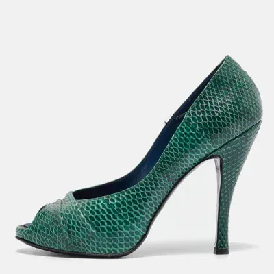 Pre-owned Roger Vivier Green Snakeskin Leather Peep Toe Pumps Size 37.5