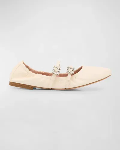 Roger Vivier Leather Strass Dual Buckle Ballerina Flats In Cire